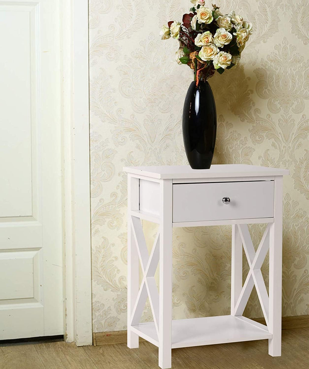 2 Pcs White Wooden Side End Table Night Stand with Bin Drawer P690