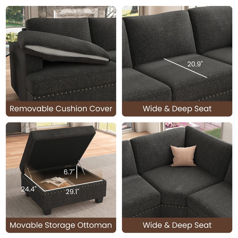 Dark Grey U Shaped Modular Sectional Sofa with Storage Ottoman N4942