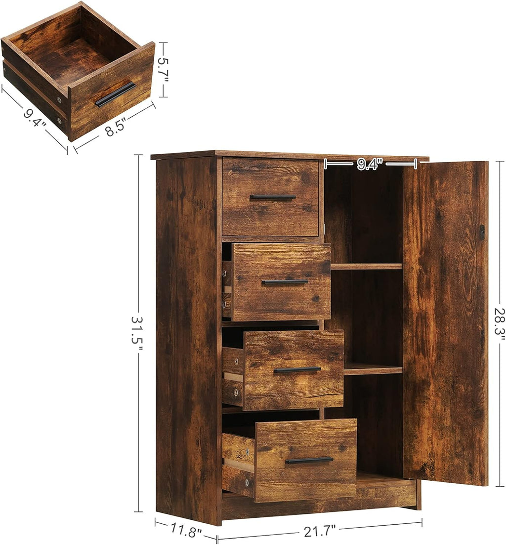 Rustic Brown Bathroom Storage Cabinet with 4 Drawers and Adjustable Shelf M9399