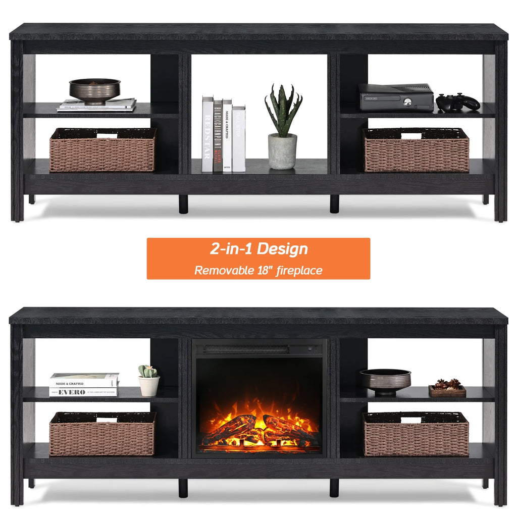 Black 70 inch Wood Fireplace TV Stand with 4 Storages H647