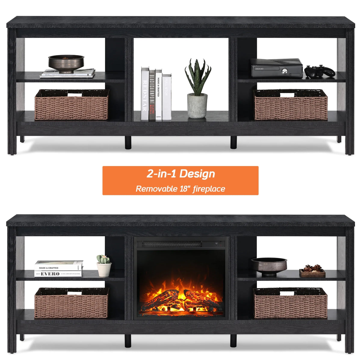 Black 70 inch Wood Fireplace TV Stand with 4 Storages H647