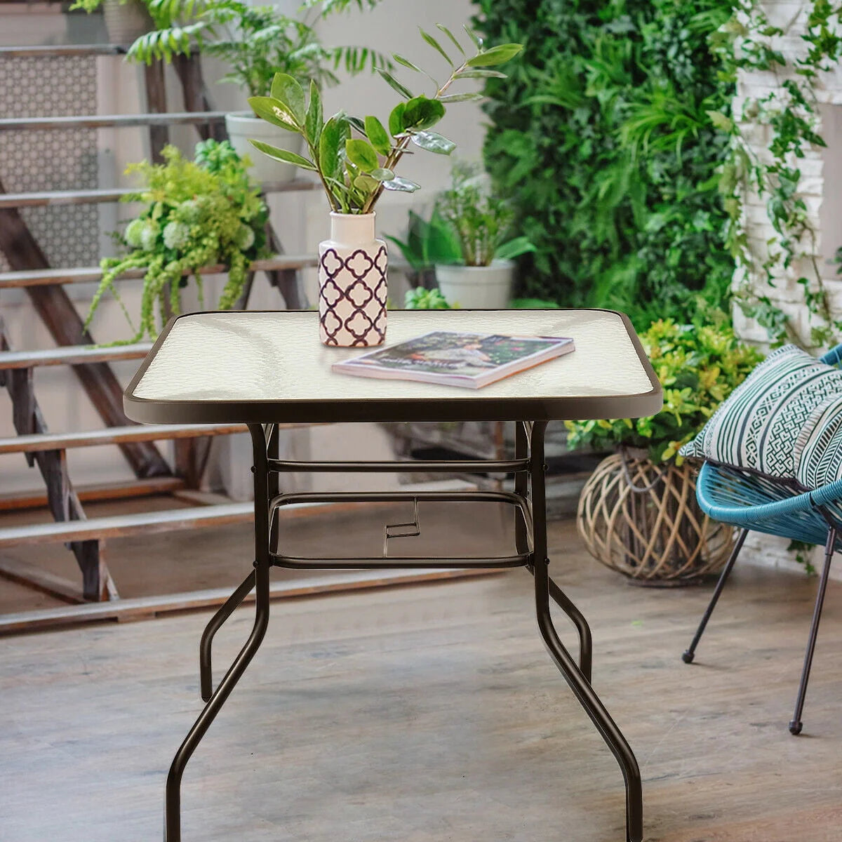 32'' Patio Square Table Tempered Glass Steel Frame N45398