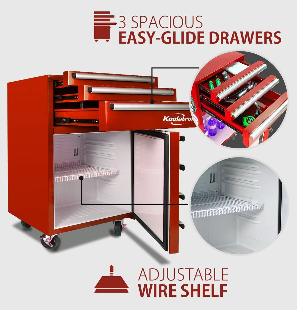 Red Compact Fridge with Built-in Tool Storage B659091