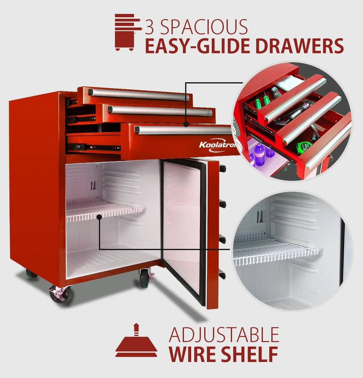 Red Compact Fridge with Built-in Tool Storage B659091