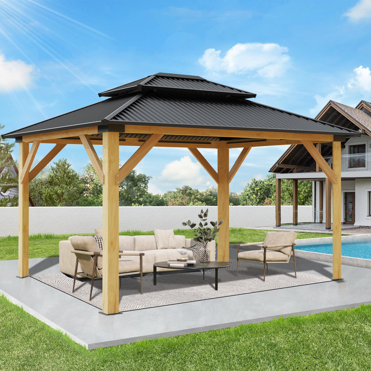 11’x13’ Outdoor Wooden Gazebo with Double Vented Roof T67668