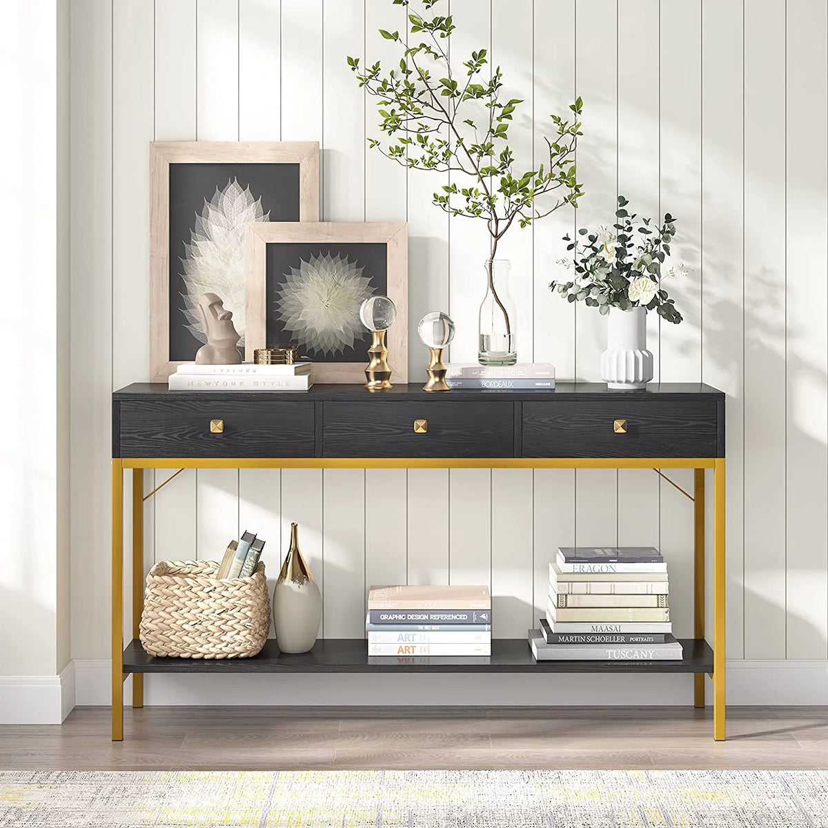 Black Gold Console Table with Drawers and Storage Shelves K614244