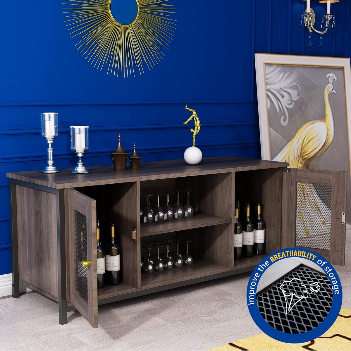 Entertainment Center Stand with Storage, Sturdy Metal Frame, Brown Walnut T9342