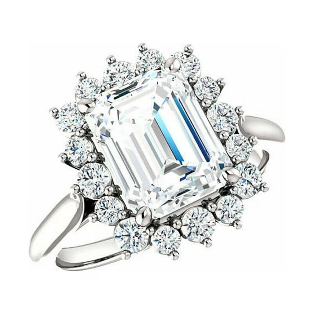 Octagon and Round Cut Moissanite Engagement Ring 18K White Gold Plated O5280