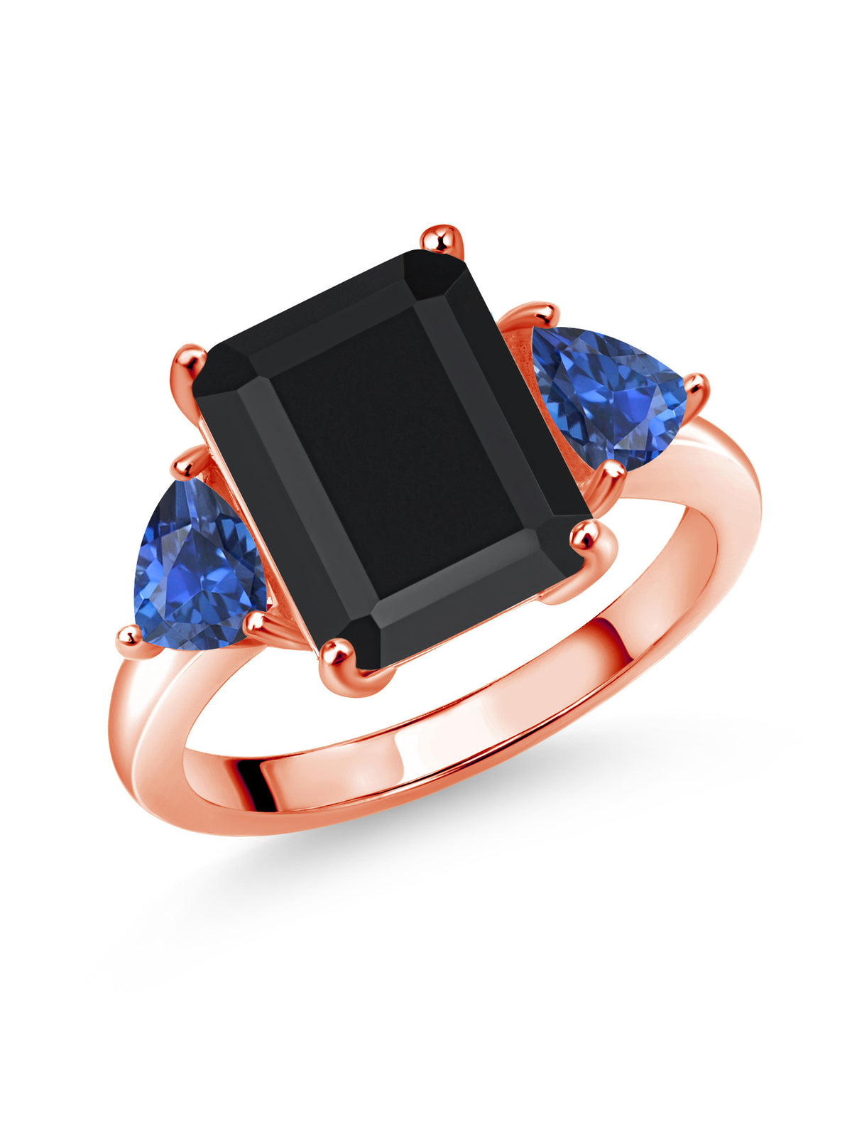 18K Rose Gold Plated Silver Black Onyx Blue Created Sapphire 3 Stone Ring Q449338