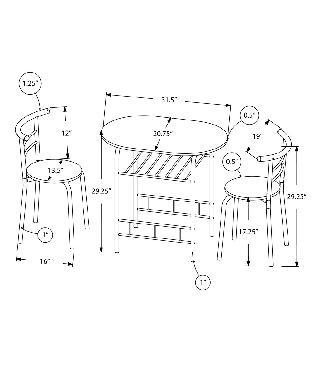 Dining Table Set 3pcs Set 32" L Metal Natural White M206
