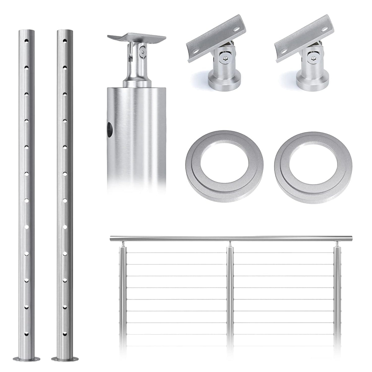 2Pack Stainless Steel Cable Railing Post Round 42x2.36 Pre-drilled Surface Mount A493