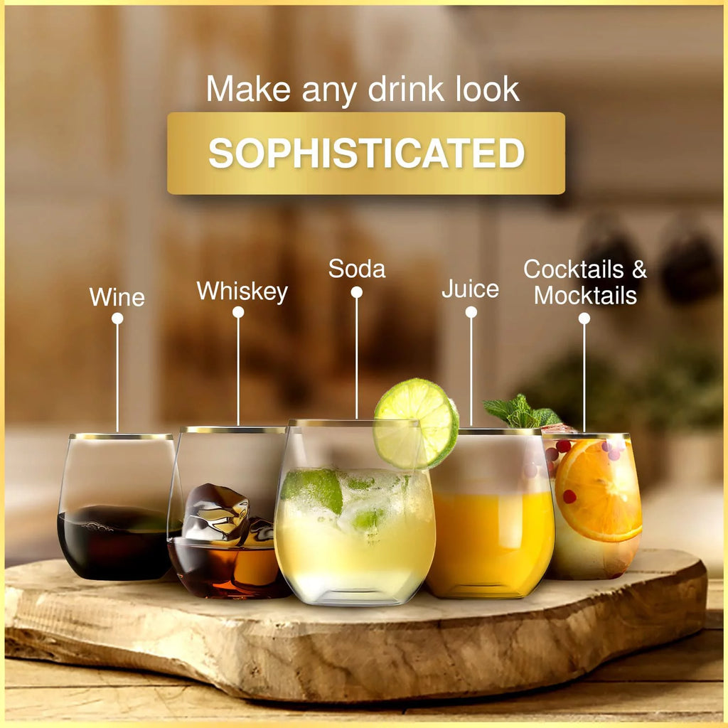 32 Pack Stemless Plastic Wine Glasses 12 oz Gold Rim C768