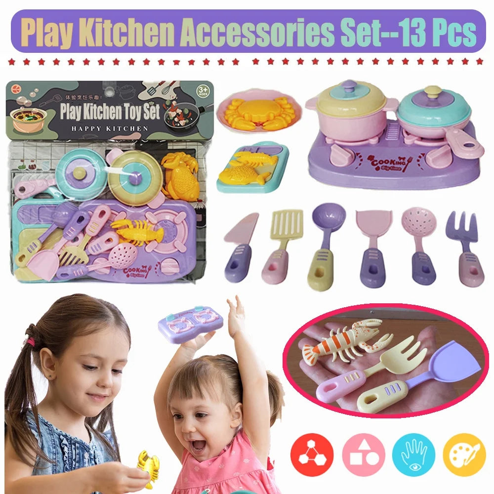 13Pcs Pretend Cooking Playset with Pot, Pan, Cooking Utensils and Play Food L309022