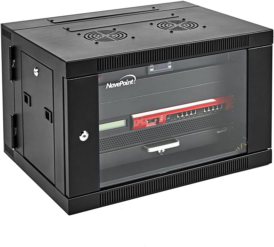 6U Wall-Mount Network Cabinet Enclosure, 650mm Depth, Hinged Back, Swing Gate Server Cabinet, Locks, Reversible Glass Front Door, 2 Fans I459