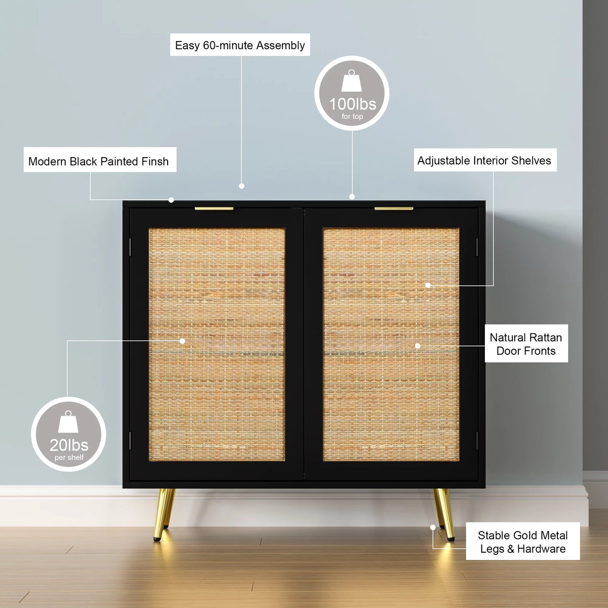 Black 2 Rattan Door Accent Cabinet S960066