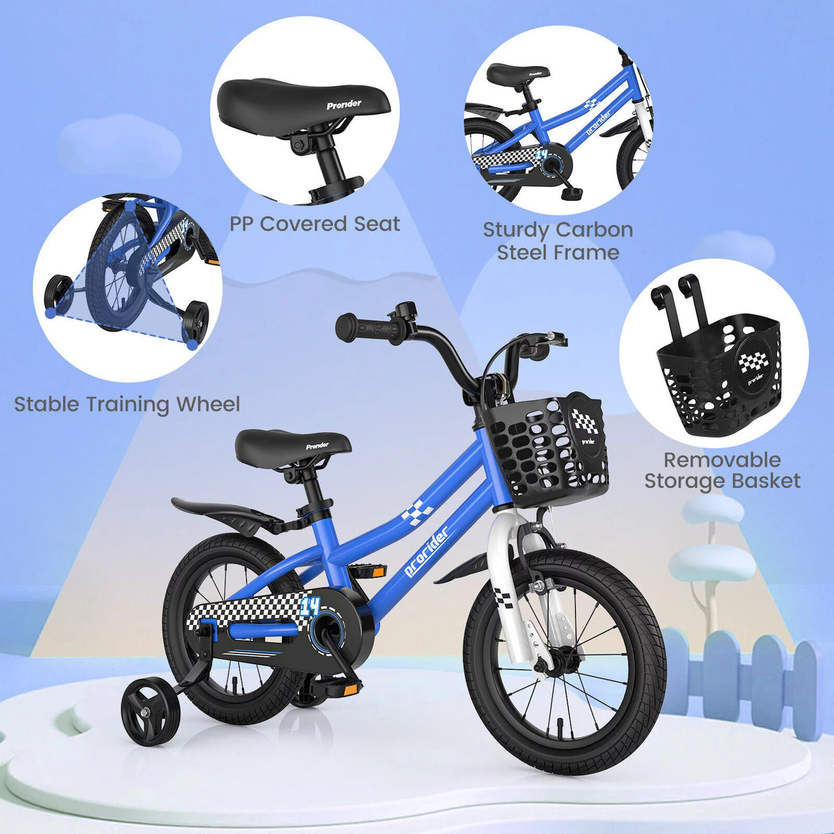 14 Kid's Bike with Training Wheels and Basket, Blue Q2255