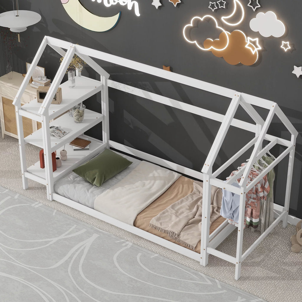 White Solid Wood Twin Floor Bed Frame with Roof and Window D324