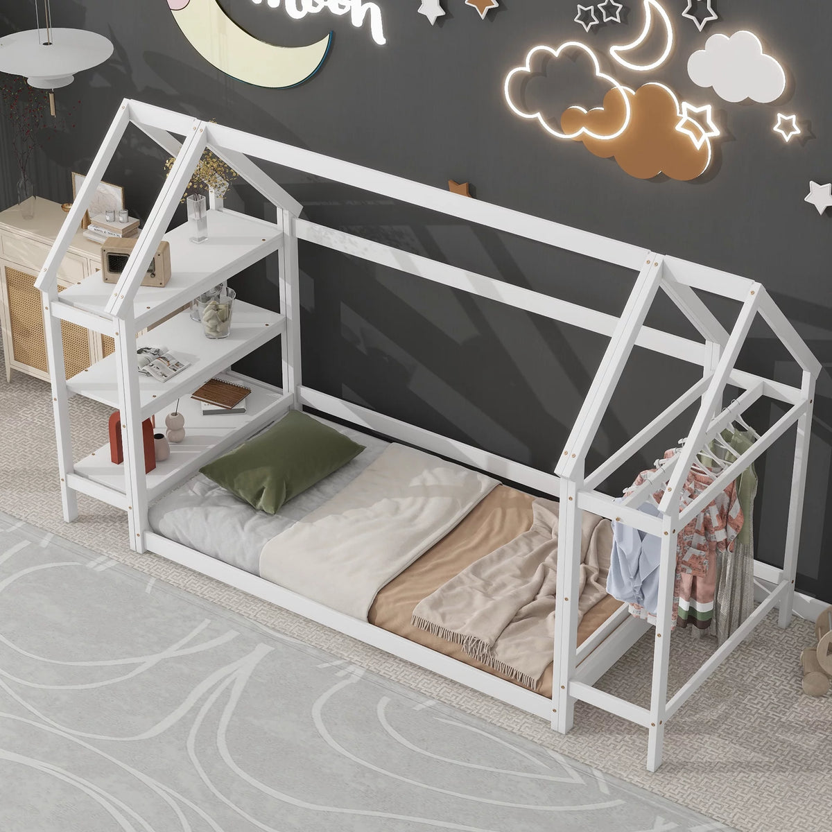 White Solid Wood Twin Floor Bed Frame with Roof and Window D324