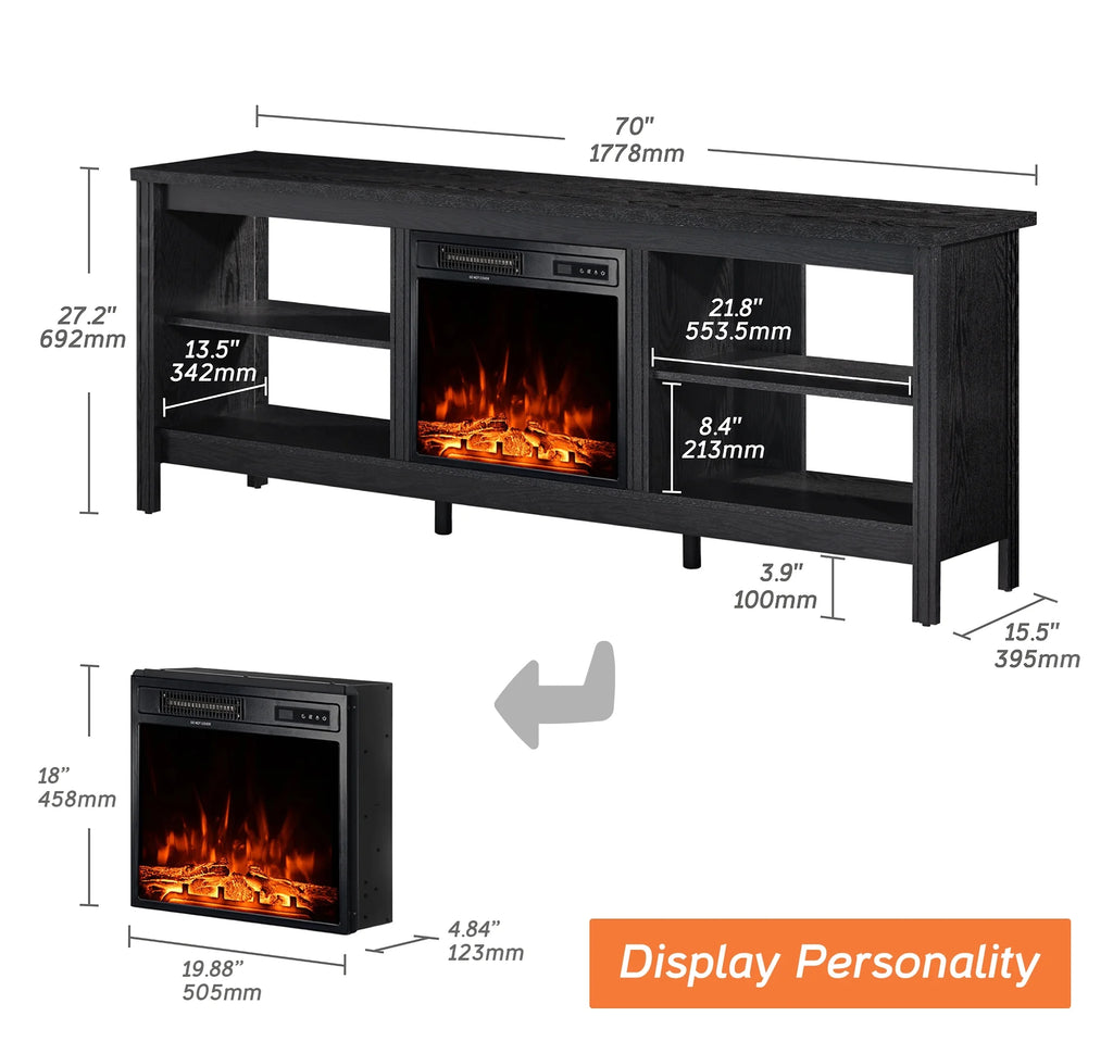 Black 70 inch Wood Fireplace TV Stand with 4 Storages H647