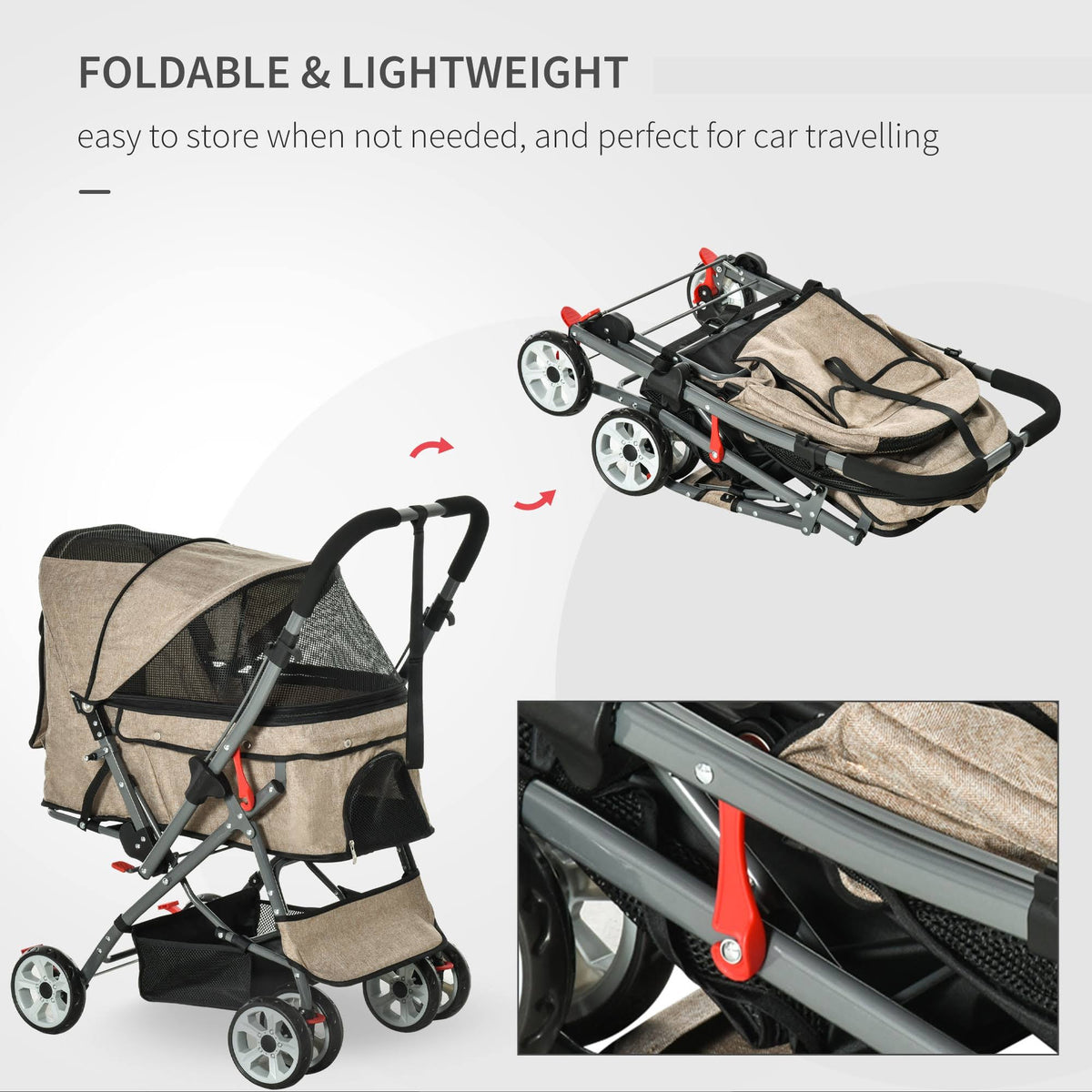 Foldable Pet Stroller with Reversible Handle Basket Storage Bag 3-Stage Canopy Zippered Mesh L388