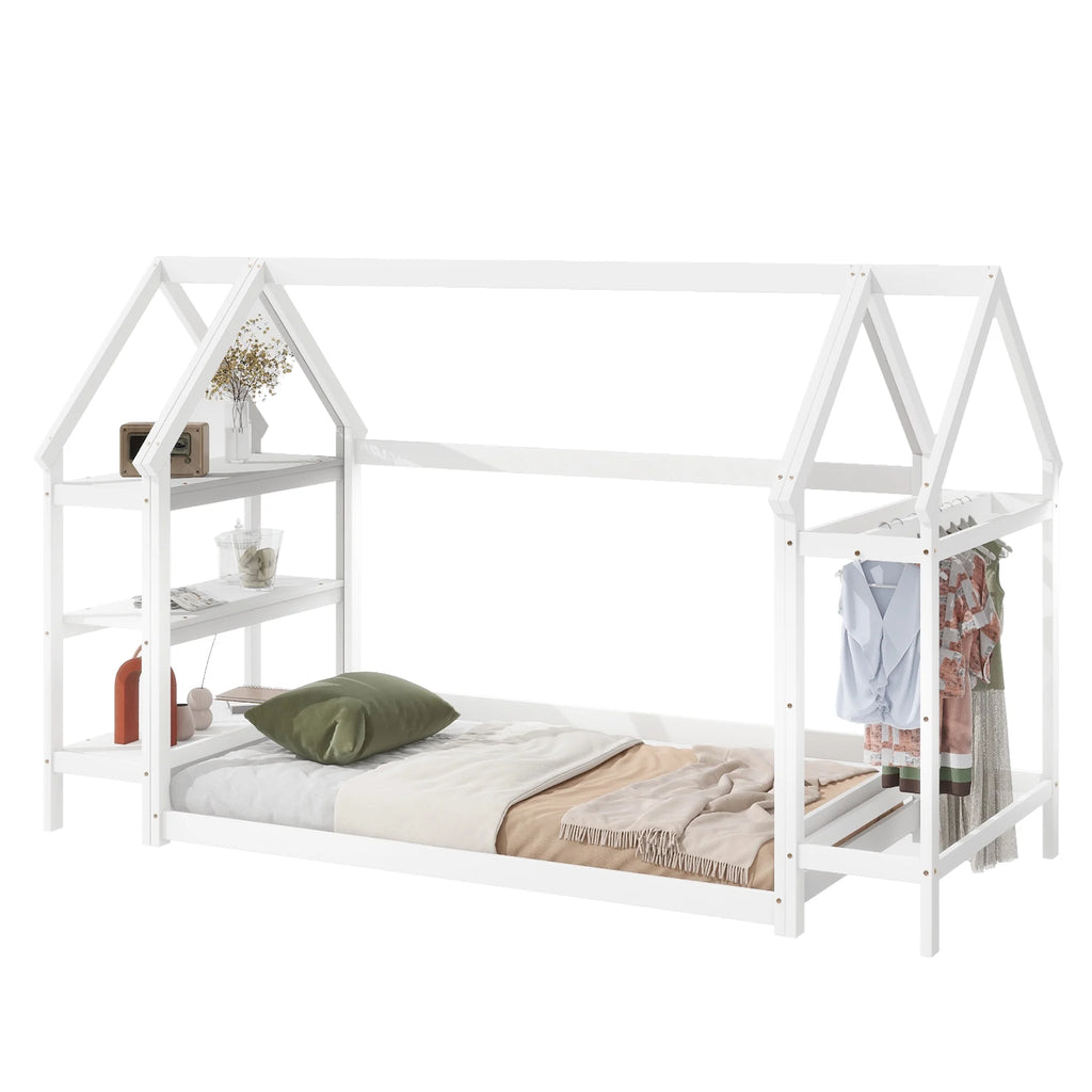 White Solid Wood Twin Floor Bed Frame with Roof and Window D324
