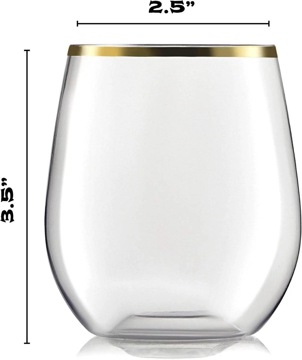 32 Pack Stemless Plastic Wine Glasses 12 oz Gold Rim C768