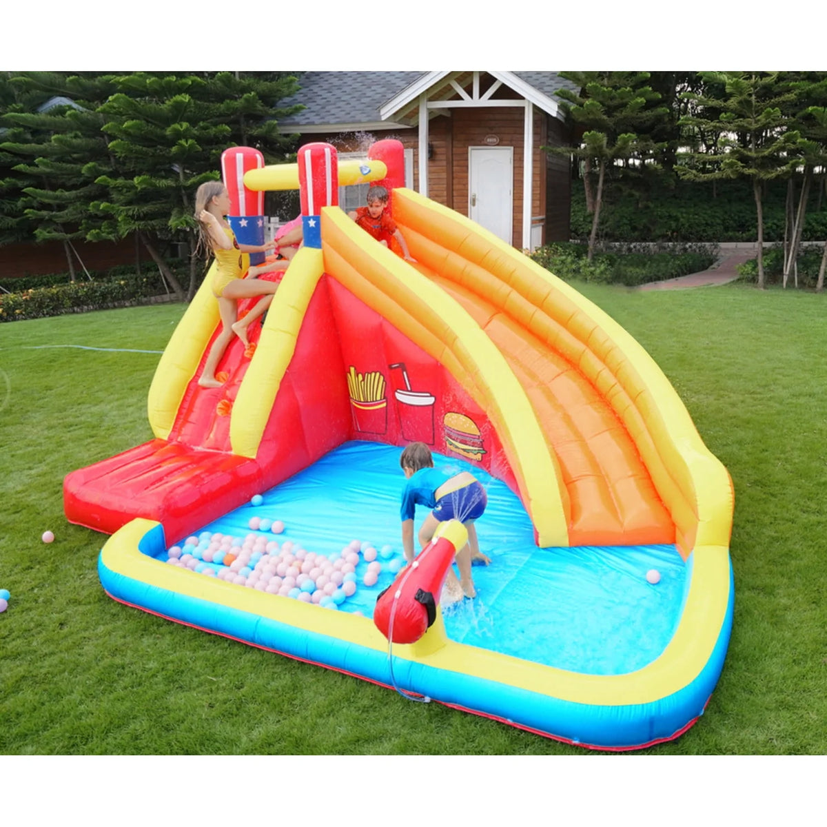 Inflatable Water Slide Splash Toy with Climbing Wall, Splash Pool, Water Cannon, Blower, Sprinkler, Stakes, Repair Patches, Storage Bag I4709