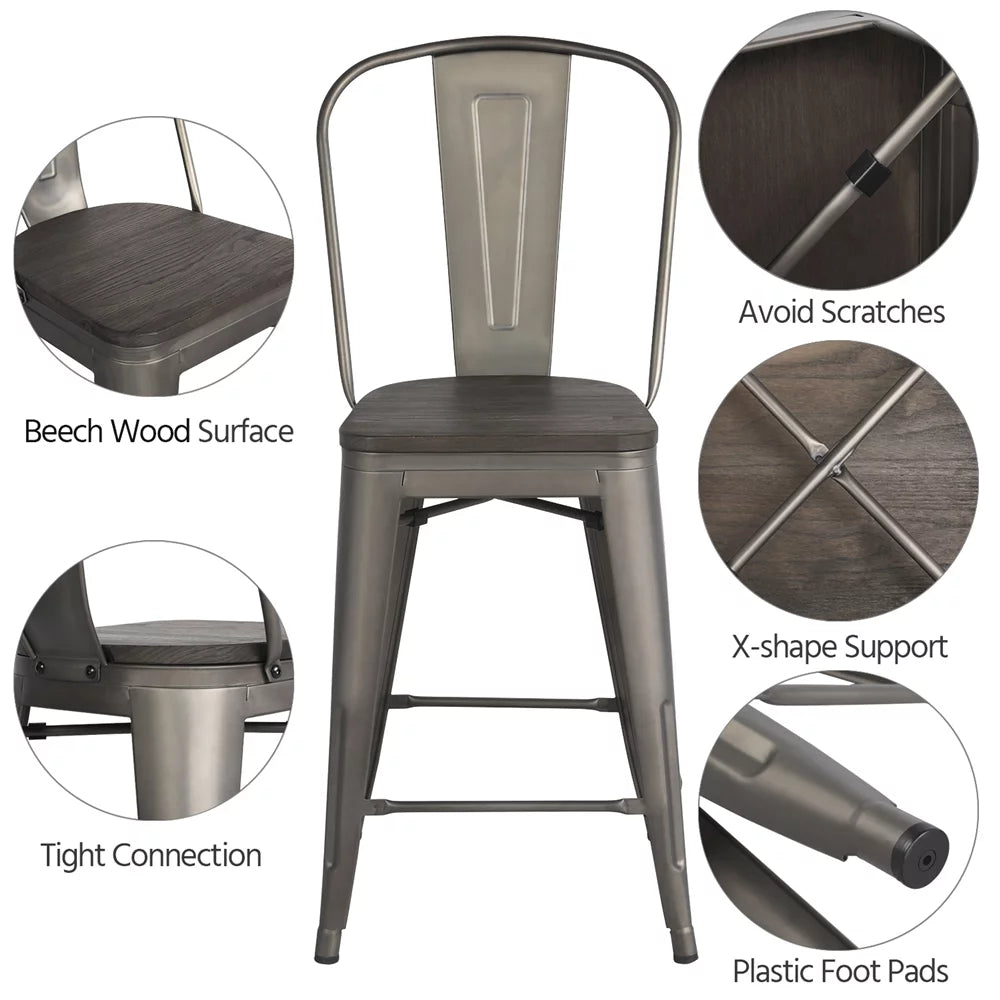 4pcs Industrial Metal Bar Stool with Solid Wood Seat V5266