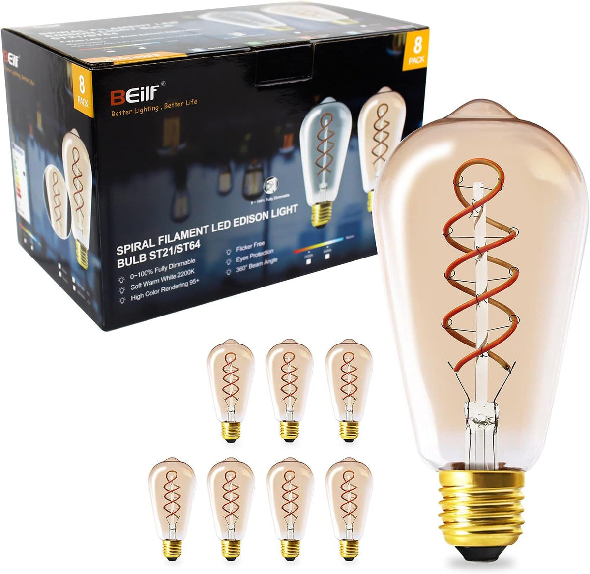 12 Pack Dimmable LED Edison Bulbs, E12 Base, 3W, Warm White 2200K, Amber Glass, Candle Bulb H851903