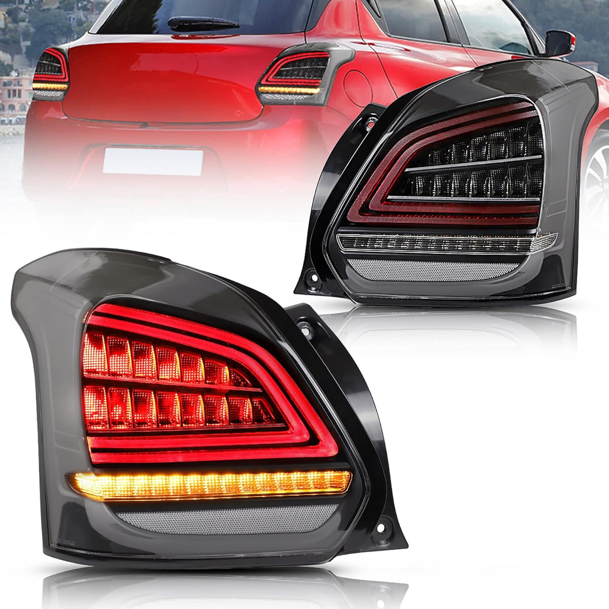 LED Tail Lights for Suzuki Swift 2017-2019, Amber Sequential Turn Signal, Dark Clear K721