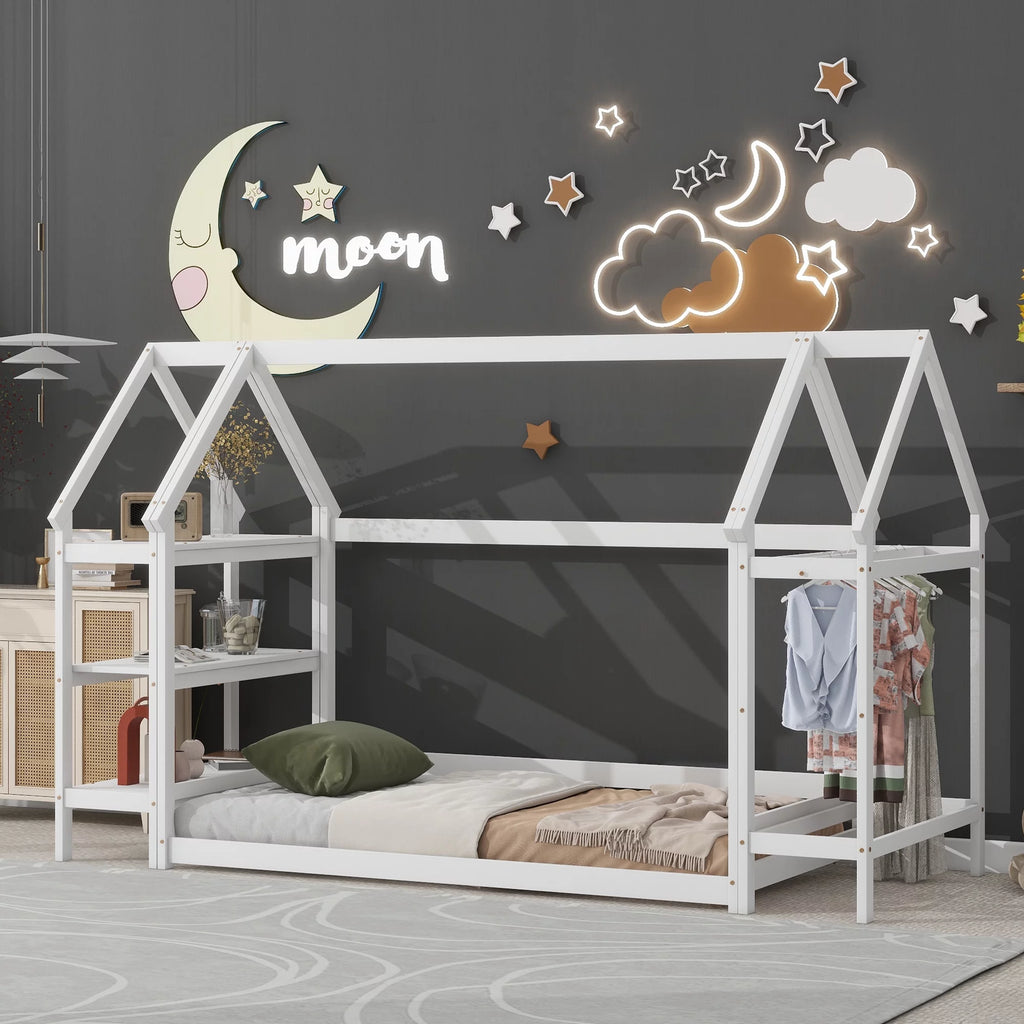 White Solid Wood Twin Floor Bed Frame with Roof and Window D324
