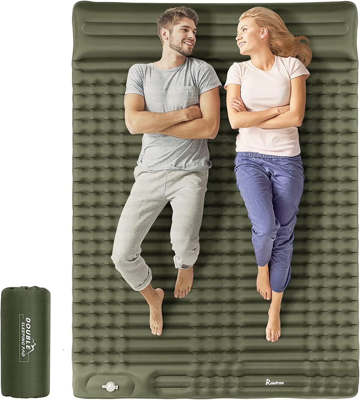 Self Inflating Double Camping Sleeping Pad with Air Pillow, 79 in x 55 in, Army Green U995119