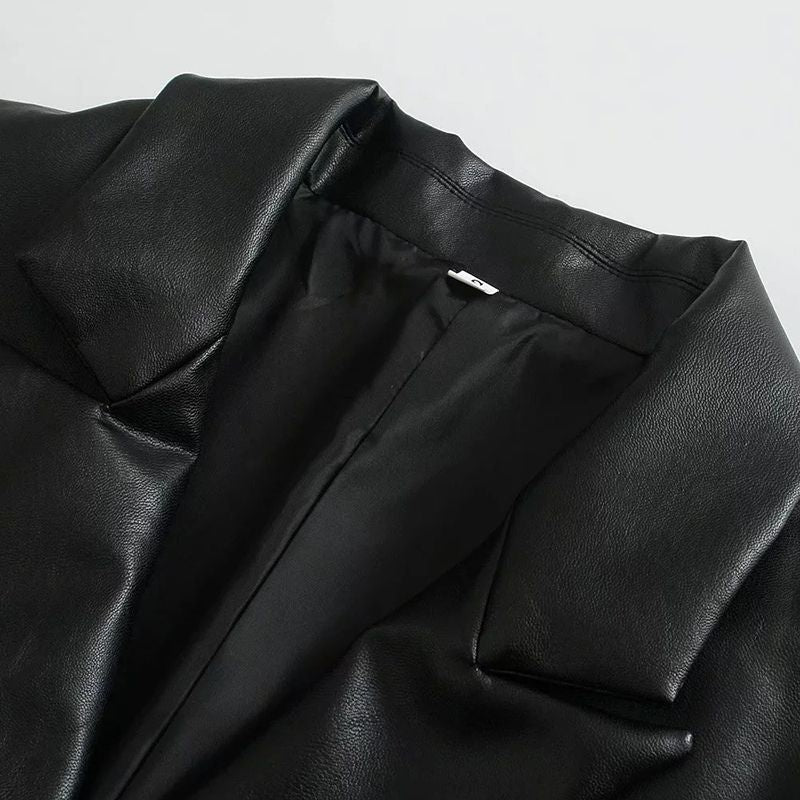 Recycled Vegan Leather One Button Blazer Jacket U44738