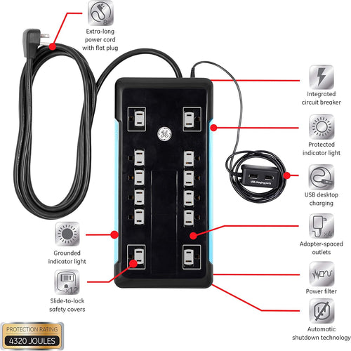 12 Outlet Surge Protector, 2 USB Ports, 8 Ft Power Cord, 4320 Joules, Flat Plug, Black, Pack of 2 H516415