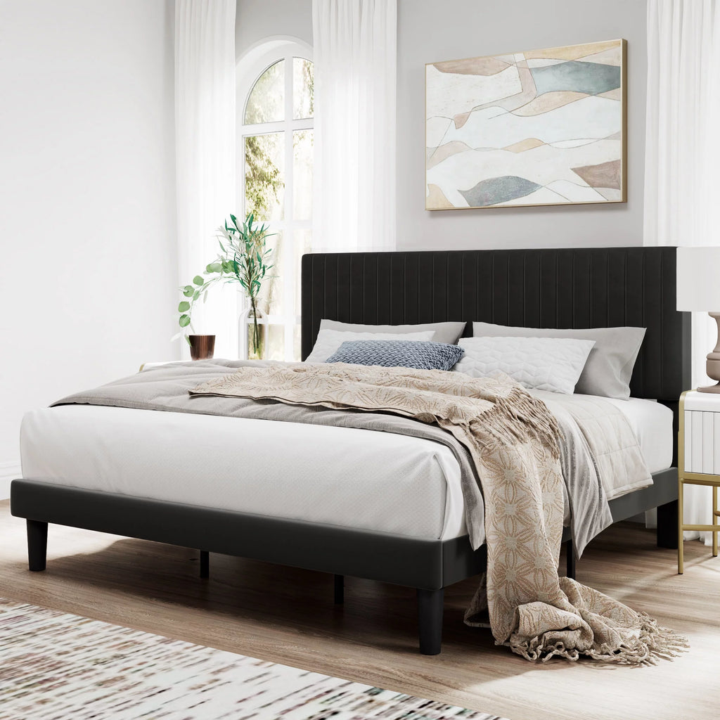 Pink Queen Size Upholstered Platform Bed Frame with Velvet Headboard R8731