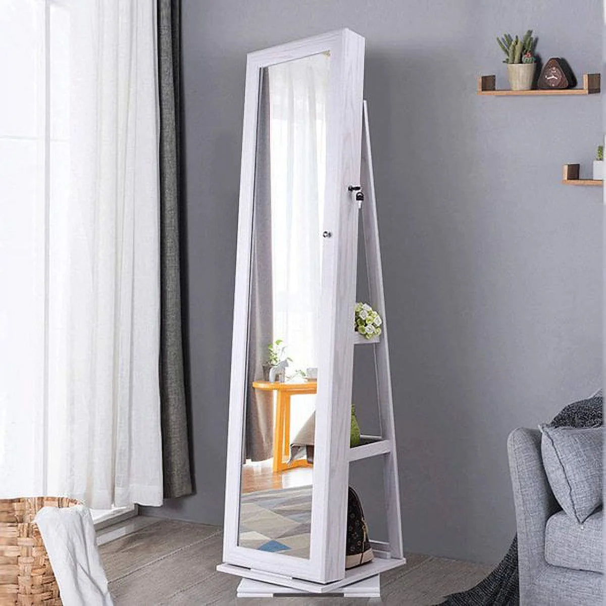 White Rotatable Jewelry Armoire with Full-length Mirror P355