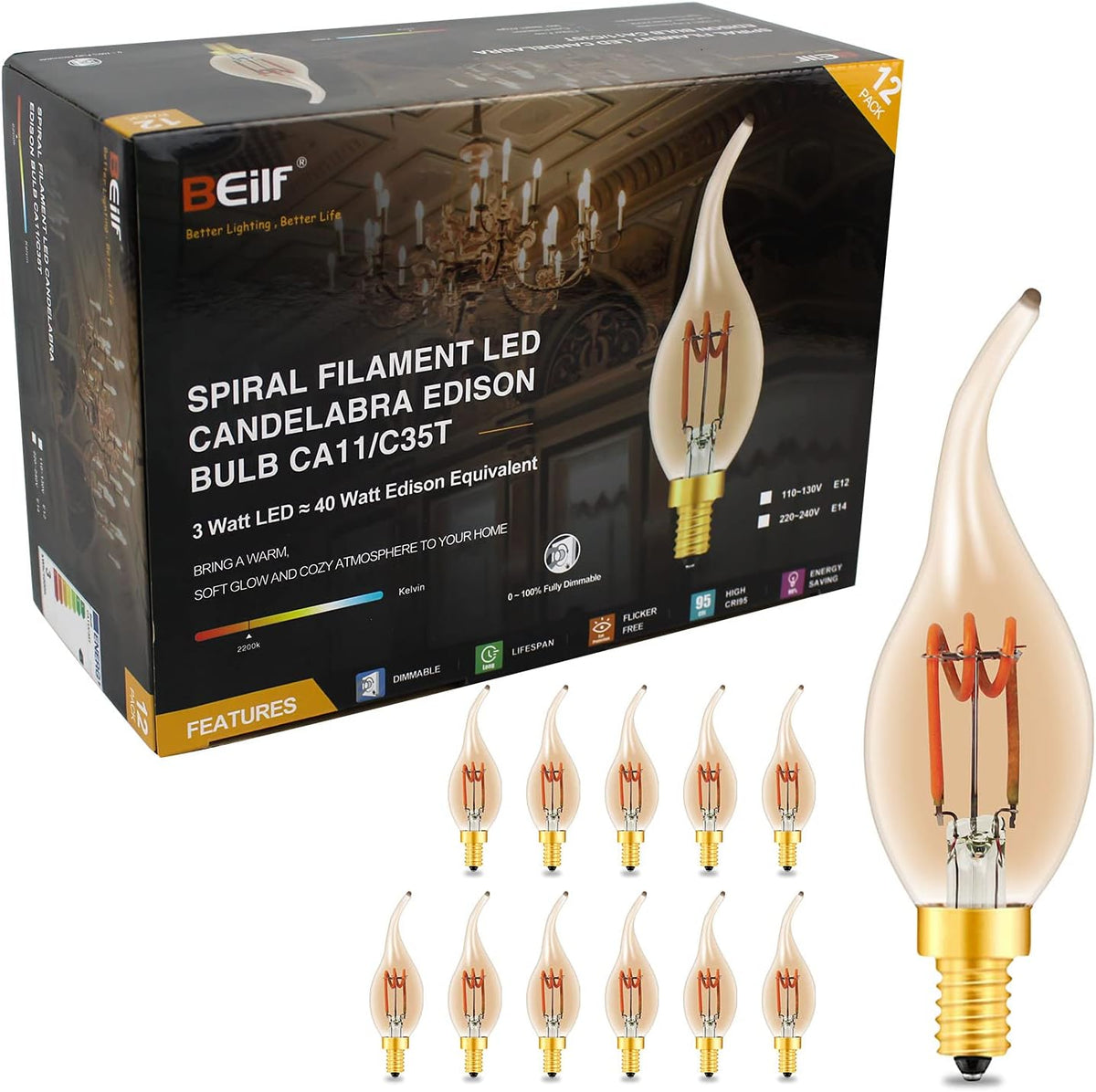12 Pack Dimmable LED Edison Bulbs, E12 Base, 3W, Warm White 2200K, Amber Glass, Candle Bulb H851903