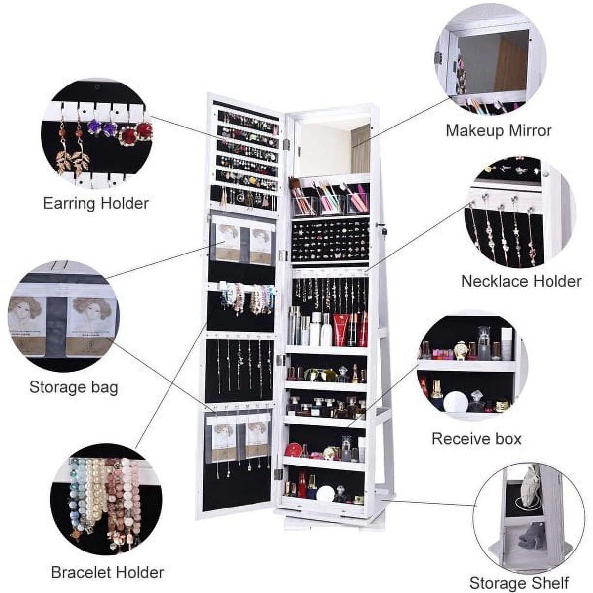 White Rotatable Jewelry Armoire with Full-length Mirror P355