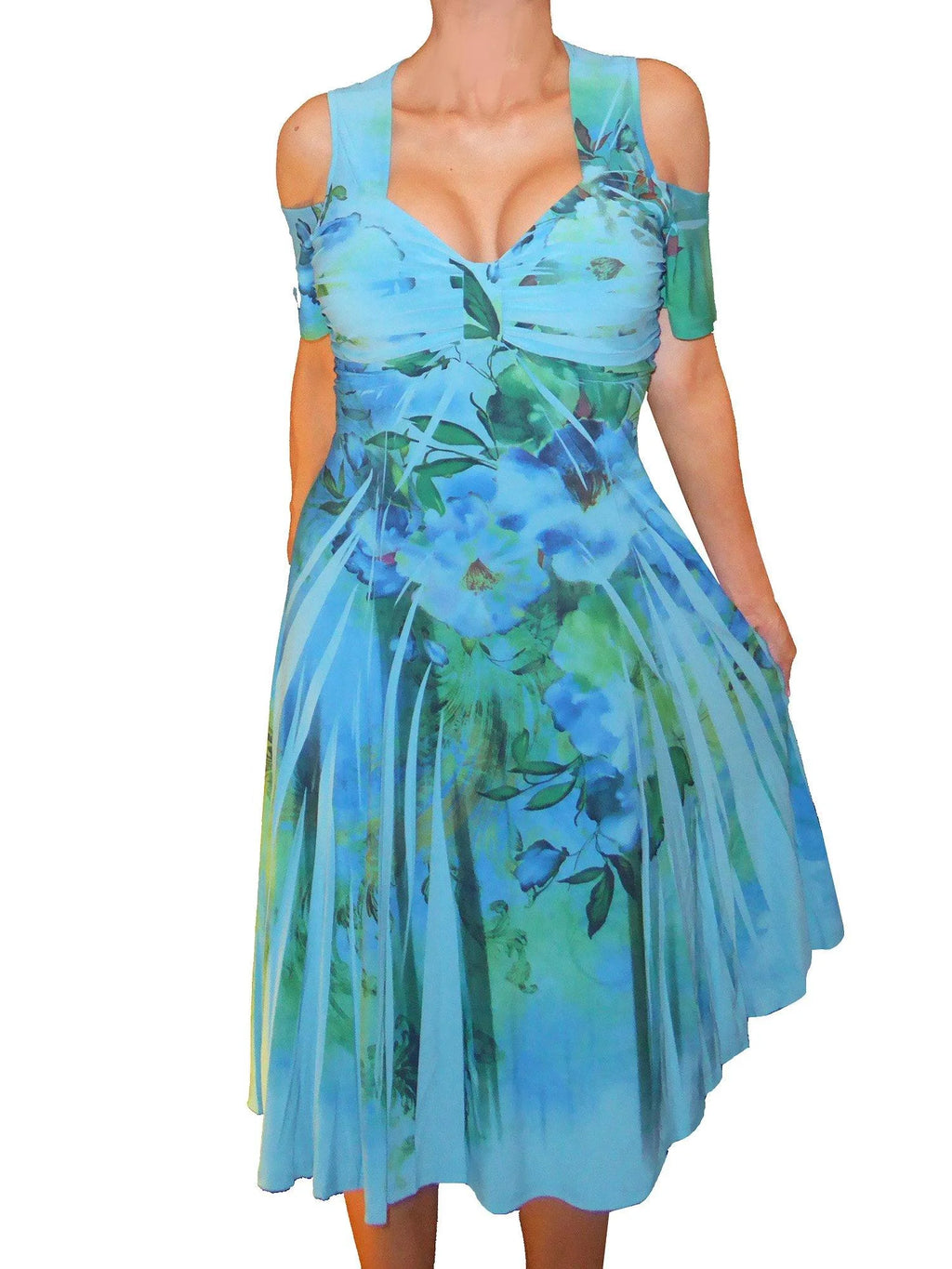 Blue Floral Cold Open Shoulders Cocktail Dress K953141