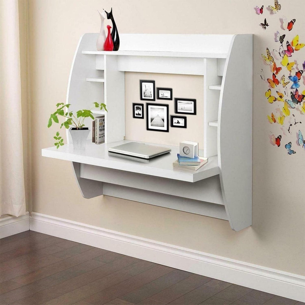 White Wall Mounted Floating Computer Desk with Storage Shelves, Pack of 2 X160281