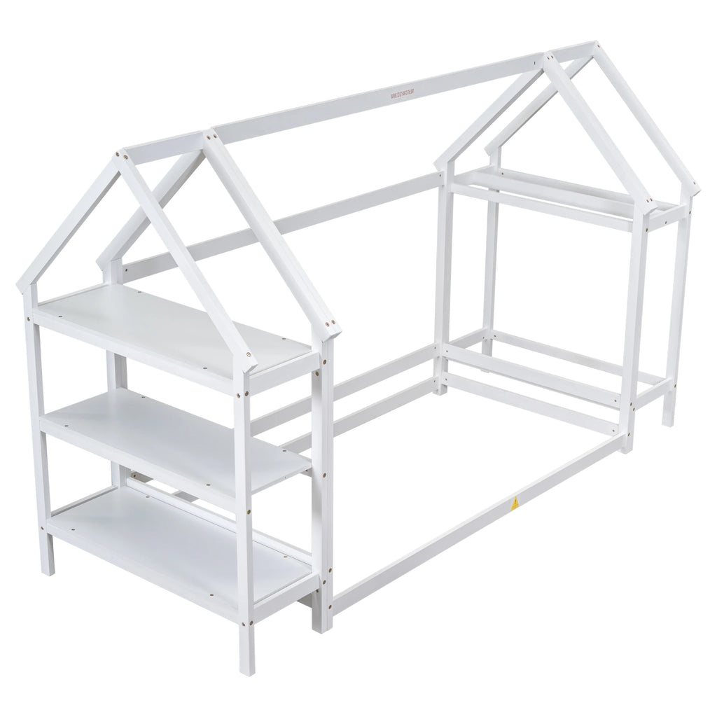 White Solid Wood Twin Floor Bed Frame with Roof and Window D324