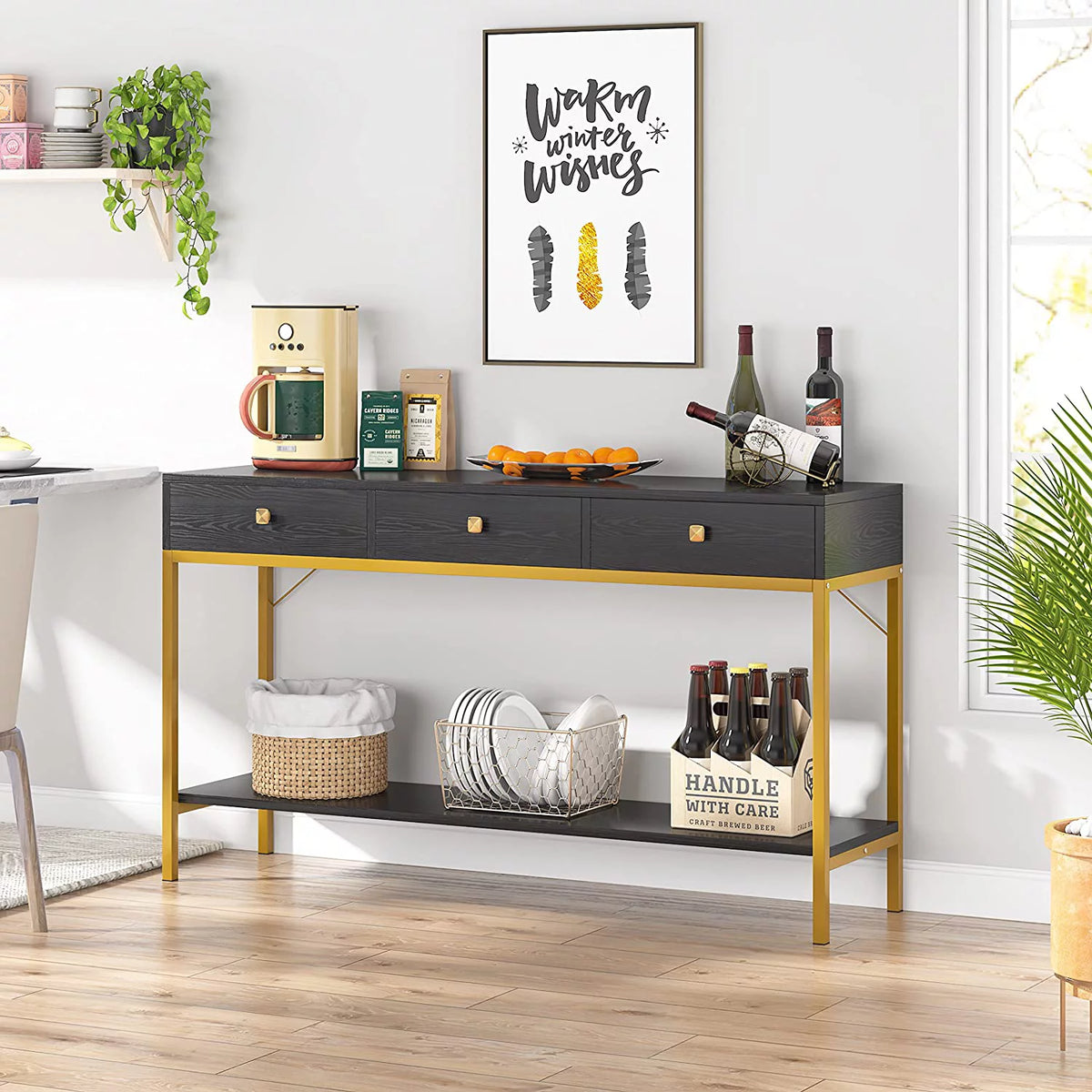 Black Gold Console Table with Drawers and Storage Shelves K614244