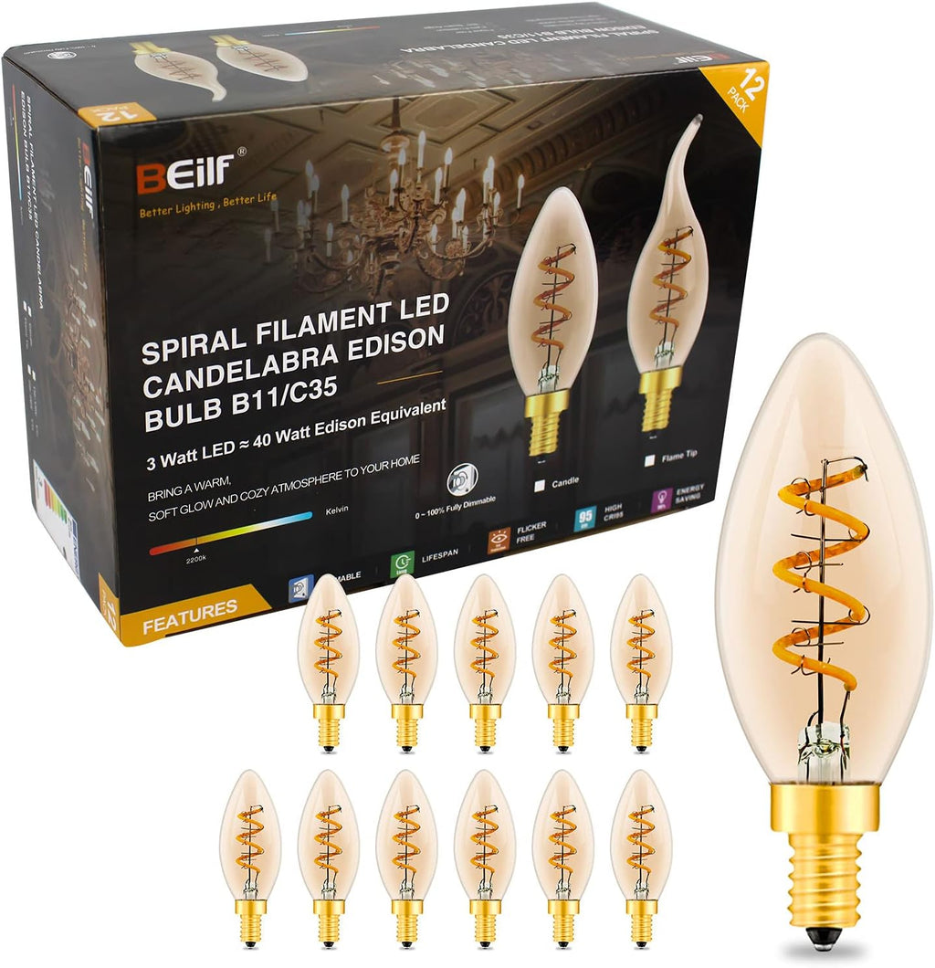 12 Pack Dimmable LED Edison Bulbs, E12 Base, 3W, Warm White 2200K, Amber Glass, Candle Bulb H851903