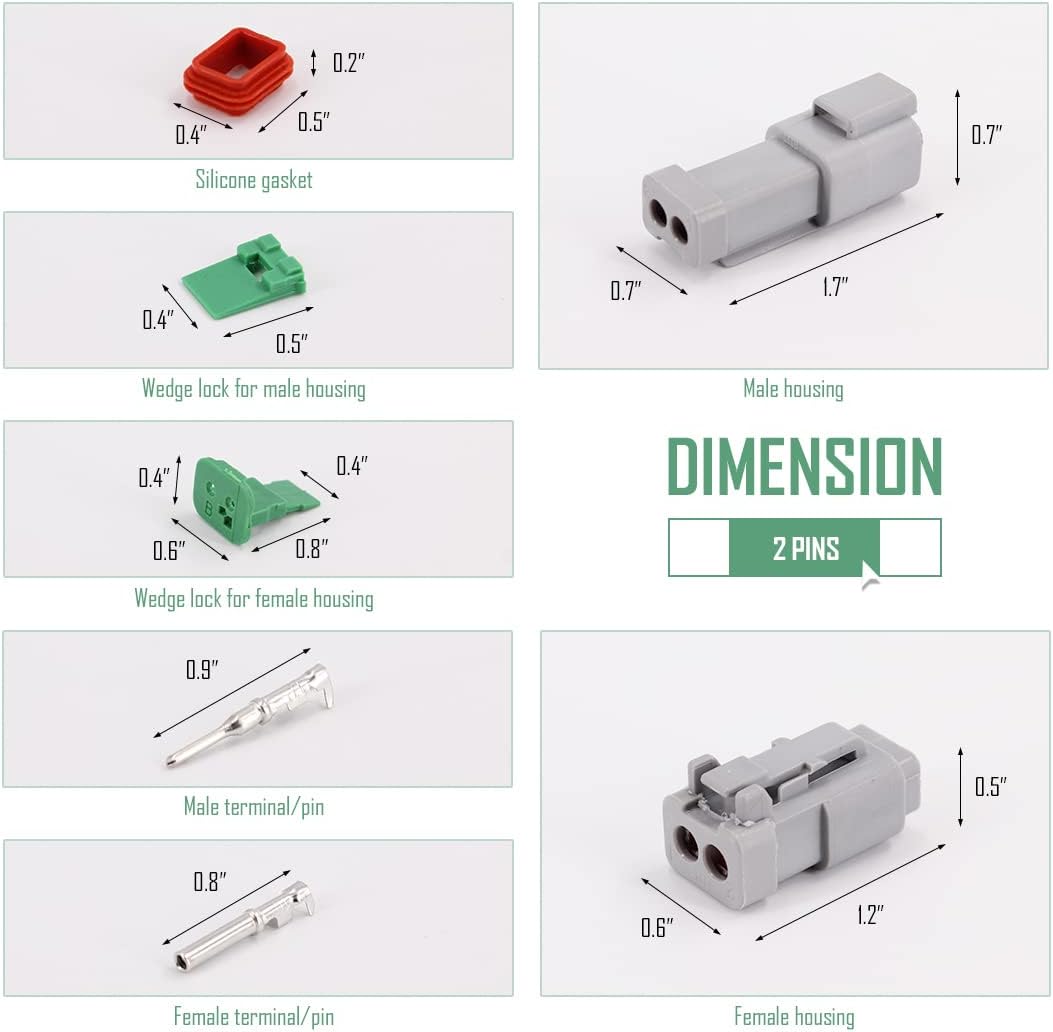 2 Pin DT Connector Kit Waterproof Electrical Connectors Solid Contacts Heavy Duty 16-20 AWG 4Pcs A655214