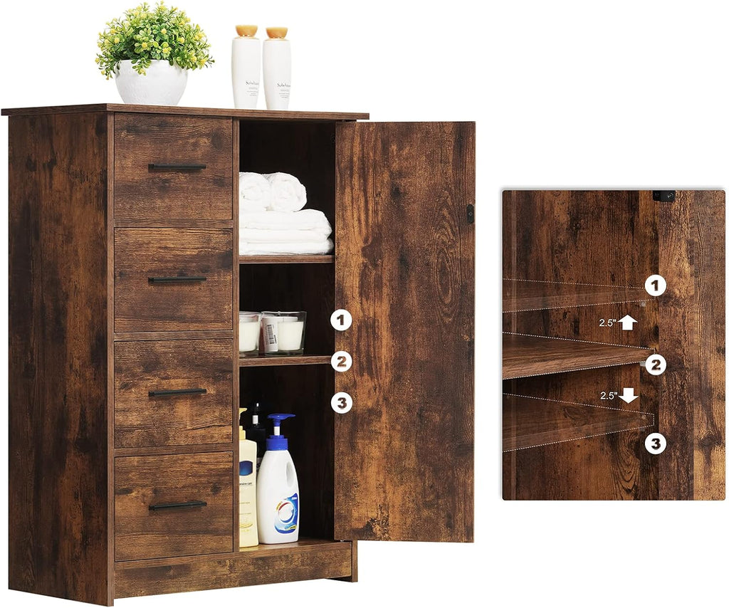 Rustic Brown Bathroom Storage Cabinet with 4 Drawers and Adjustable Shelf M9399