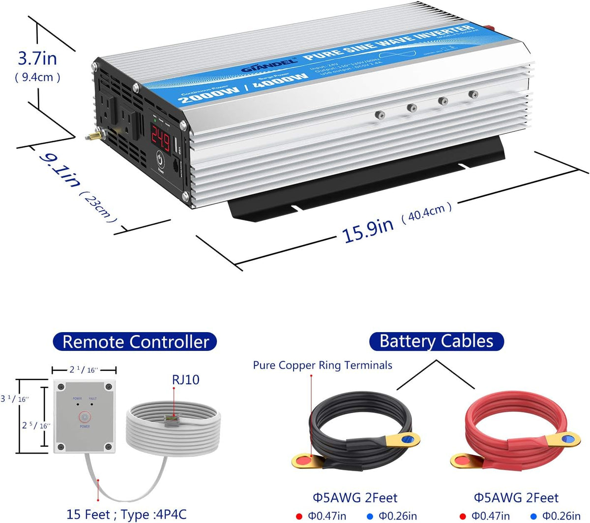 24 Volt 2000W Pure Sine Wave Power Inverter DC 24V to AC120V with Dual AC Outlets Remote Control 2.4A USB LED Display B502450
