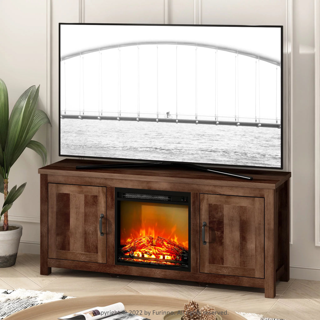 Farmhouse Barn Door Fireplace TV Stand with Storage Cabinet for TV up to 60 Inch, Rustic Brown P120963