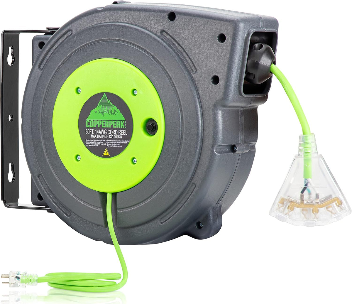 50 ft Retractable Extension Cord Reel, 12 Gauge, Blue and Grey J693