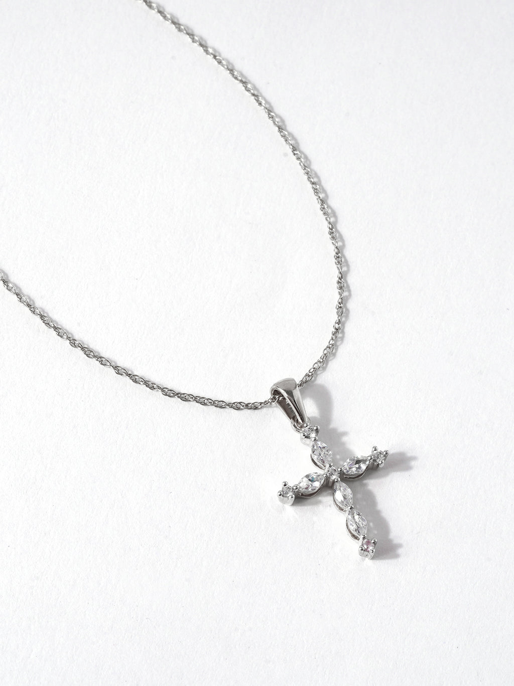 10K White Gold Marquise and Round Diamond Cross Pendant Necklace O5565