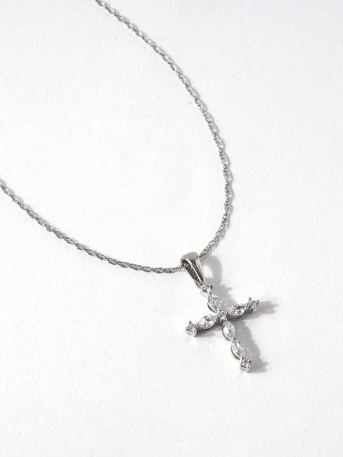 10K White Gold Marquise and Round Diamond Cross Pendant Necklace O5565